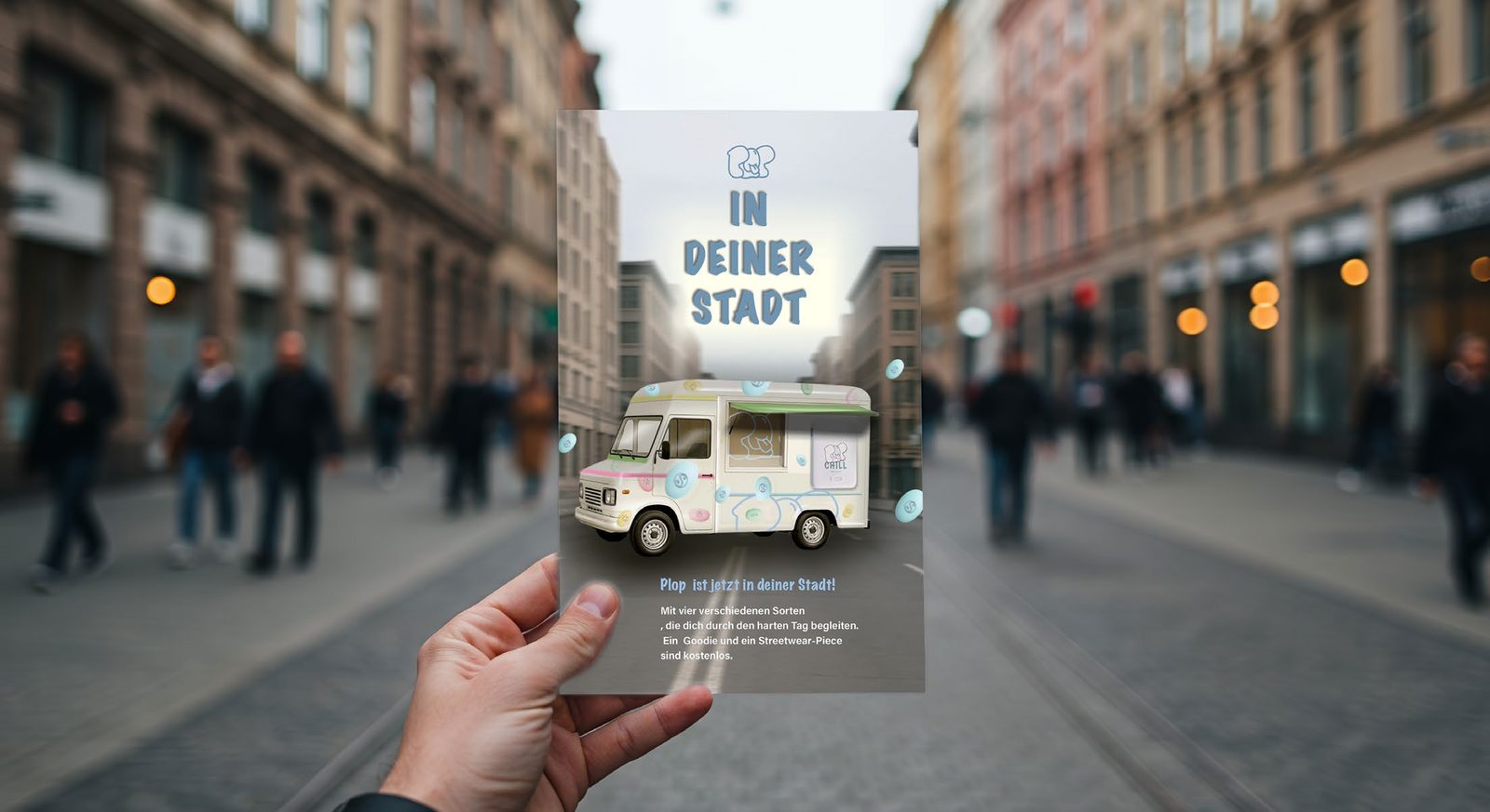 Plop concept campaign flyer held on a city street