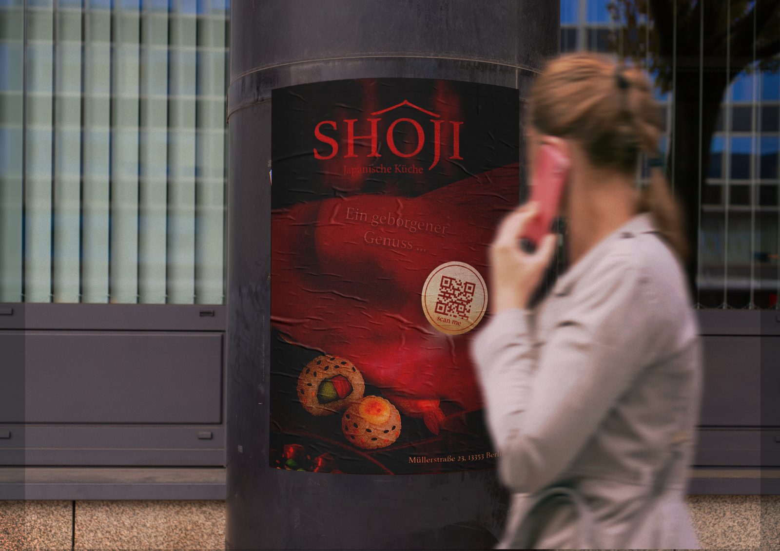 Shoji restaurant identity on a red and black street poster in Berlin