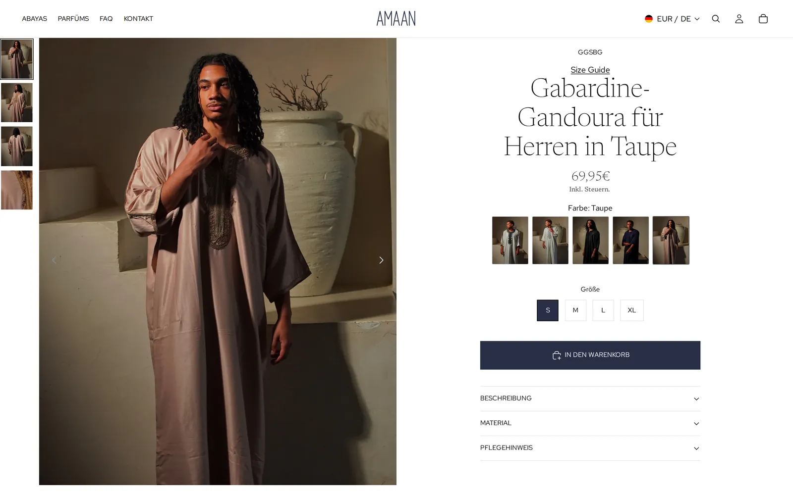 Vorher: Produktseite der Gabardine-Gandoura im alten Shop